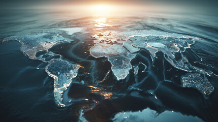 Digital world map overlay on an open ocean with sunrise reflection, sci-fi mood