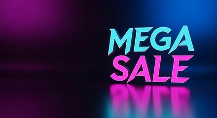Neon Mega Sale text glows with vibrant magenta and cyan hues against a dark backdrop, advertising huge savings during a special shopping event.