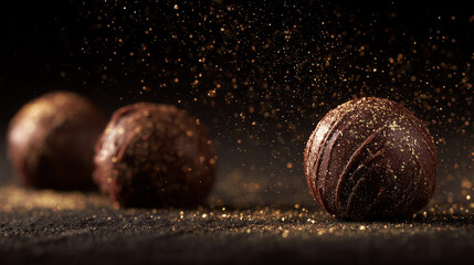 Close-up of luxury chocolate truffles on black velvet with gold dust particles floating