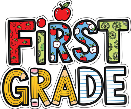 Colorful illustrated first grade back to school design with fruits and pencil details
