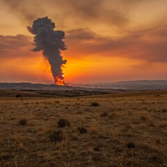 Dramatic sunset over a wildfire in a vast landscape, showcasing smoke rising against the horizon