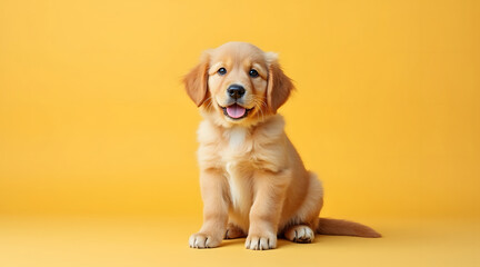 Cute golden retriever puppy sitting on solid yellow background with happy and playful expression