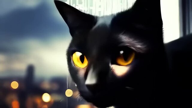 A Noir Glimpse: Black Cat Gazing Out at a Rain-Streaked Cityscape