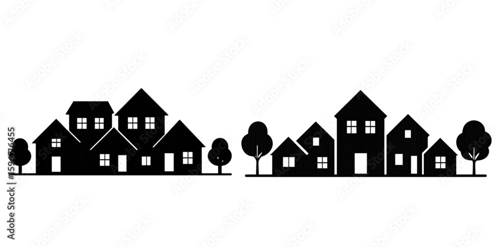 Poster silhouette of two residential areas with houses and trees in a row on transparent background