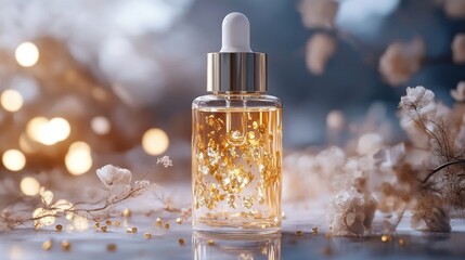 Luxurious serum bottle with floating gold flakes