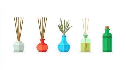 Colorful Reed Diffusers and Essential Oil Bottles Illustration