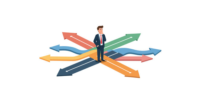 Businessman at crossroads deciding between multiple directions concept