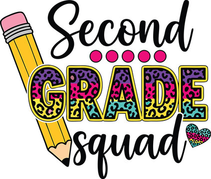 Colorful second grade squad design featuring pencil and animal print school theme