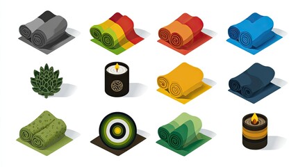 Colorful Rolled Towels and Candles Isometric Pixel Art