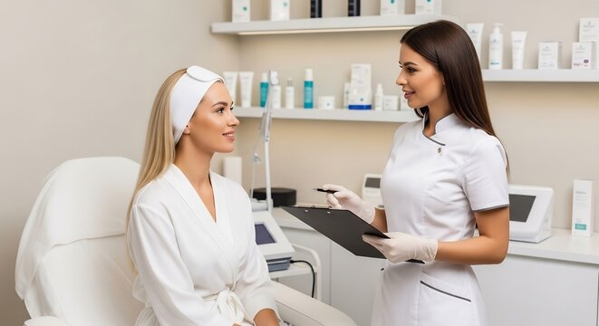 A professional esthetician consults with a smiling female client in a modern skincare clinic, surrounded by beauty products. Ideal for dermatology, spa, or cosmetology themes