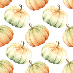 Watercolor fall floral pattern with pumpkins. Hand drawn seamless pattern for Thanksgiving and Halloween.