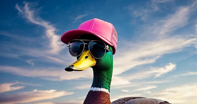 Funny duck with pink hat and sunglasses