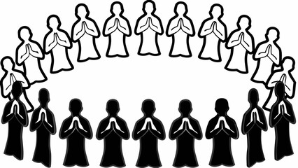 Fototapeta premium Group of people in prayer circle with alternating black and white figures in a semi circular pattern