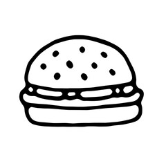 Vector illustration of a hamburger. Black and white hamburger in doodle style. Fast food design element. Основные RGB