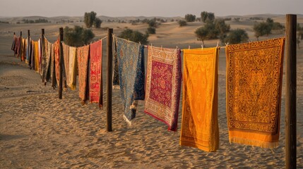 Colorful Rugs Hanging on a Clothesline in a Desert Landscape