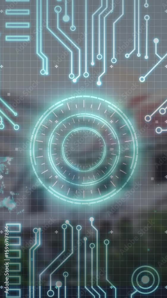 Poster digital circuit patterns and world map animation over blurred outdoor background