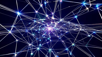 Reveal network complexity through animated K lattice flashing nodes connecting digital lines advancing virtual space to represent futuristic technology data analytics enterprise cloud - Powered by Adobe