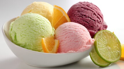 Colorful Scoops of Ice Cream with Orange and Lime Slices in a White Bowl