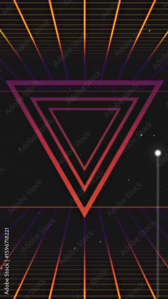 Aufkleber animation of geometric neon triangle with grid lines and glowing spheres in space