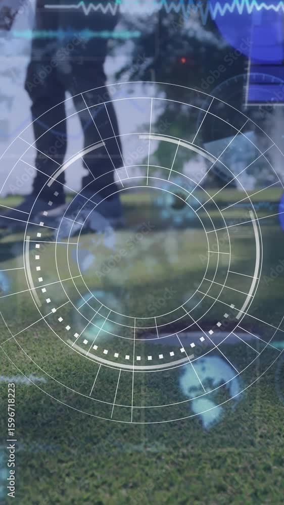Poster golfer on course with digital data and technology overlay animation