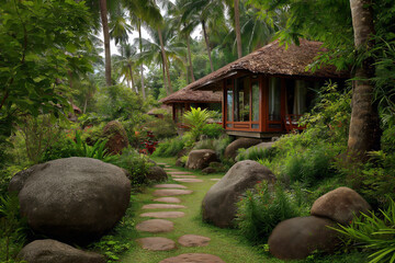 A peaceful wellness retreat center offering ayurvedic treatments, set in tropical nature with lush greenery.