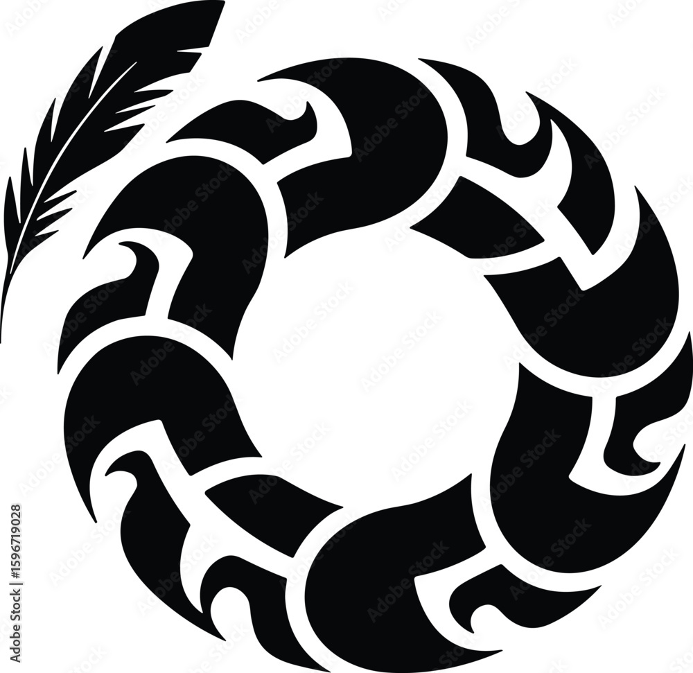 Poster abstract circular design with a decorative flowing pattern and an elegant feather on white