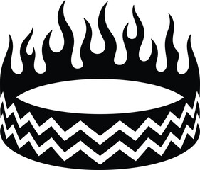 Abstract flame and chevron decorated circular design element in bold black and white style