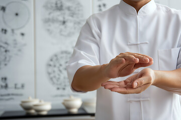 Traditional Chinese Medicine practitioner applying acupressure on energy meridian points, scrolls and diagrams in background, clean and minimal clinic interior.