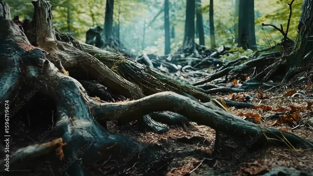 Poster roots of fallen trees create a natural landscape after a storm in a serene forest, roots of fallen t
