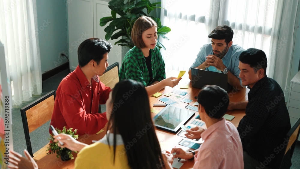 Poster top view of skilled project manager explain marketing idea while standing whiteboard and looking at 