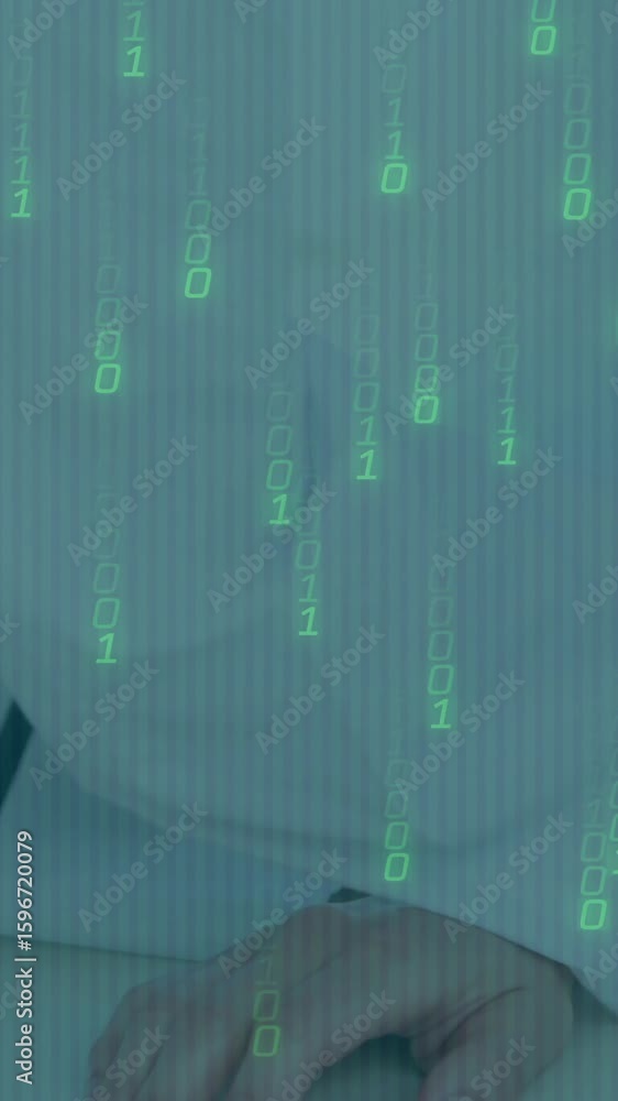 Poster medical professional analyzing digital data with binary code animation in office