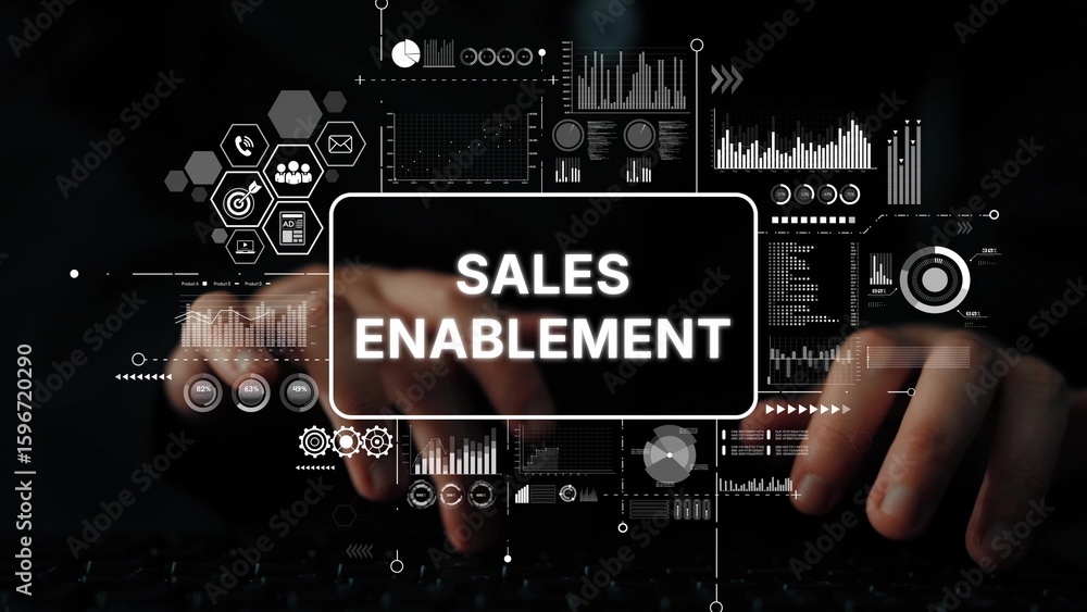 Poster hands typing on keyboard with sales enablement background and digital data graphics for business gro