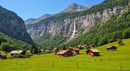 Scenic view of a tranquil Swiss valley with traditional chalets, lush greenery, and a waterfall backdrop