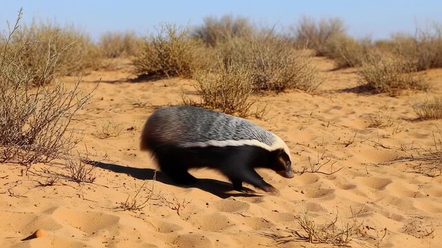 Honey Badger Stalks Across African Desert Sands: Wildlife Documentary Footage