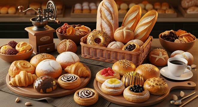 Abundant spread of fresh bakery items, including croissants, pastries, breads, and sweet rolls, with dried fruits and coffee. Ideal for food, breakfast, or cafe themes