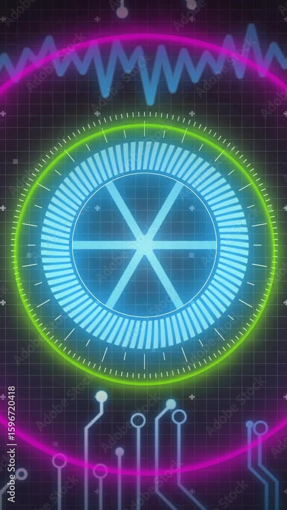 Poster Neon circles and circuit patterns on futuristic digital interface grid background