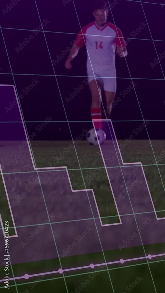 Poster soccer players on field with data graph animation overlaying scene