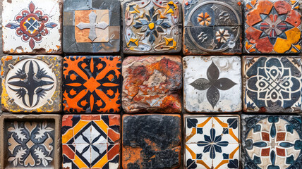 Colorful decorative tiles arranged in a grid pattern showcasing intricate designs and textures