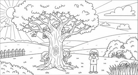 Obraz premium Children Playing Hide-and-seek in Sunny Black and White Landscape