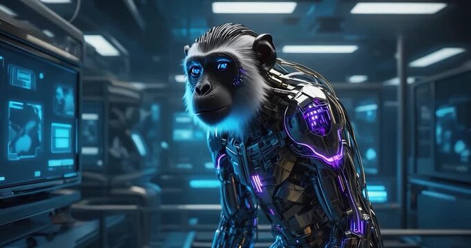 Futuristic cyborg ape in high tech room