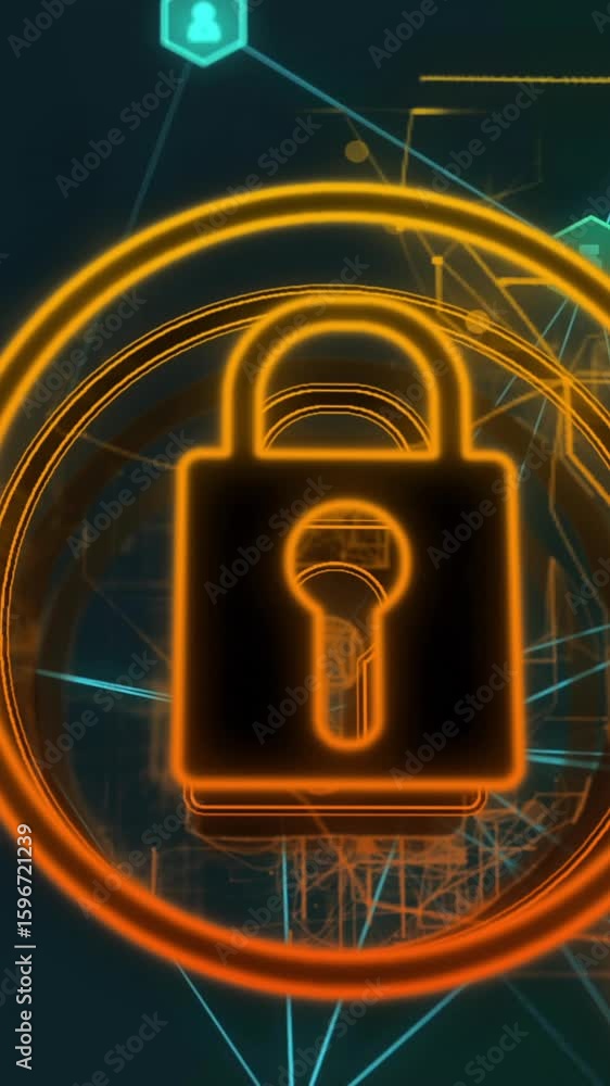 Poster digital padlock symbolizing cybersecurity over glowing network connections in animation