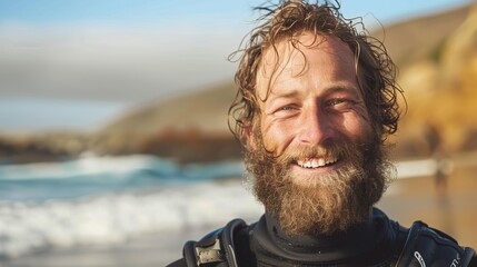 Happy bearded man smiles broadly, enjoying a sunny day at the beach, wearing a wetsuit