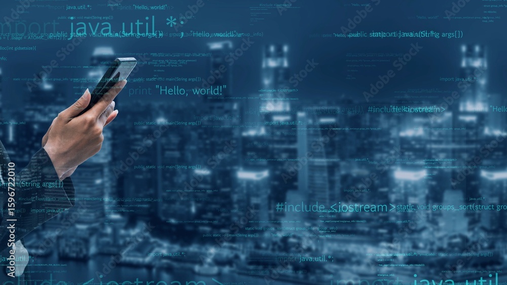 Poster a businessman interacts with a smartphone against a vibrant urban skyline filled with coding element