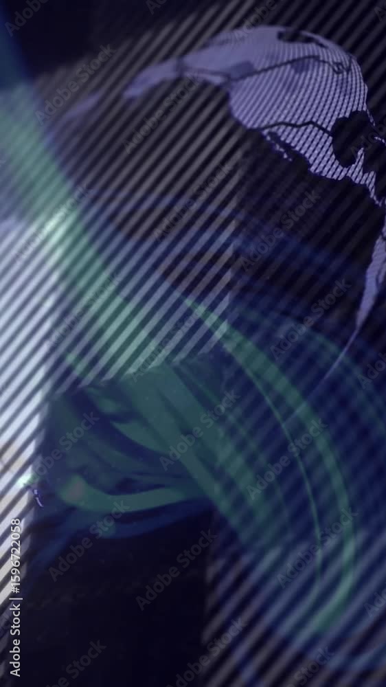 Poster animation of digital globe with swirling blue patterns and abstract lines moving