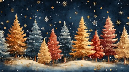 Watercolor illustration of a festive winter landscape with colorful christmas trees and snowflakes