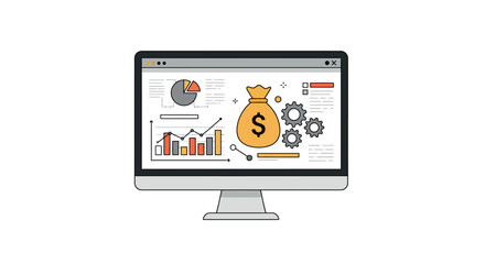 Fototapeta premium Financial data analysis on computer screen with charts and money bag icon