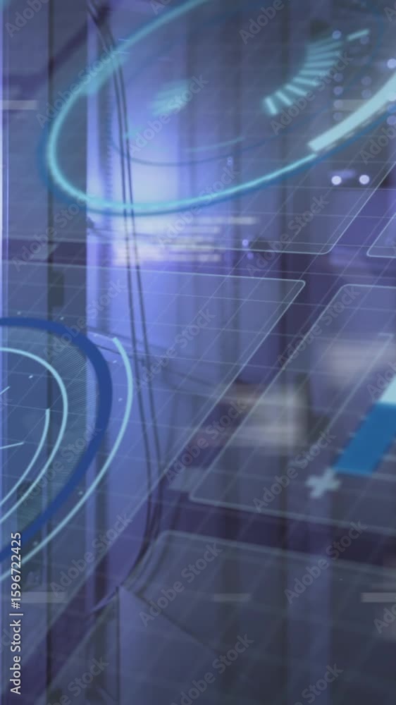 Poster animation of digital interface with futuristic data processing in blue tones