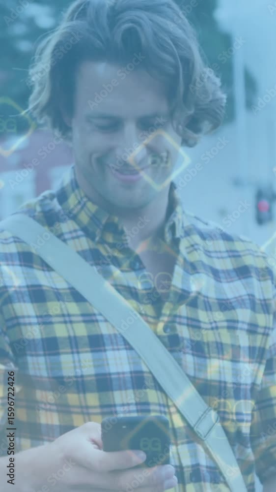 Poster using smartphone, man in urban setting with digital data animation overlay