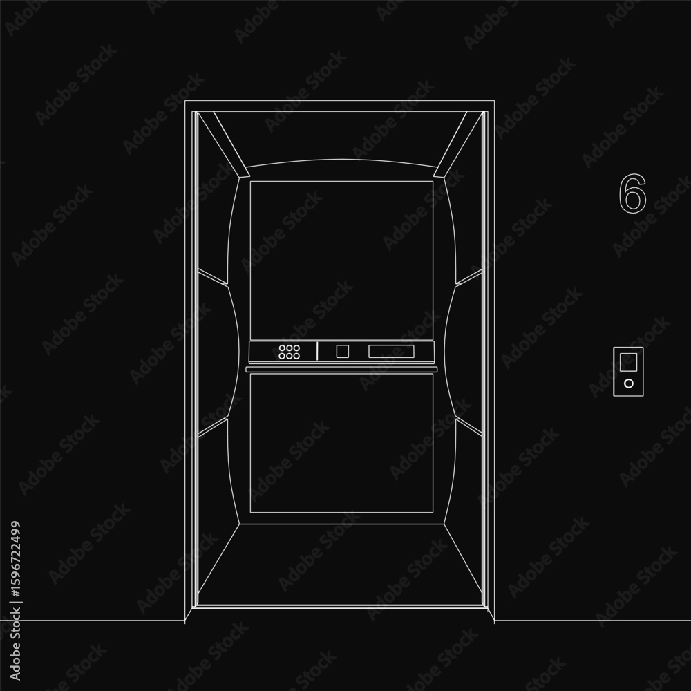 Aufkleber a black and white contour drawing of an elevator with the number 6 displayed prominently. the design