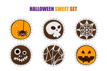 A fun Halloween-themed chocolate cookie dessert set featuring ghosts, pumpkins, spiders, eyeballs, mummies, and monsters. Perfect for seasonal food, parties, and decorations. Vector illustration.
